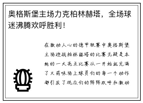 奥格斯堡主场力克柏林赫塔，全场球迷沸腾欢呼胜利！